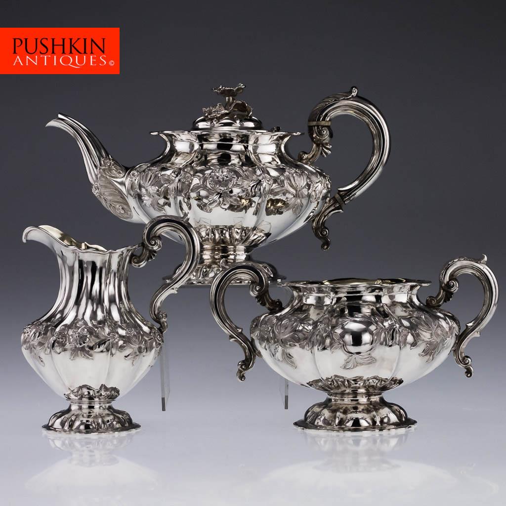 ANTIQUE 19thC VICTORIAN SOLID SILVER 3 PIECE TEA SET, WILLIAM HUNTER c