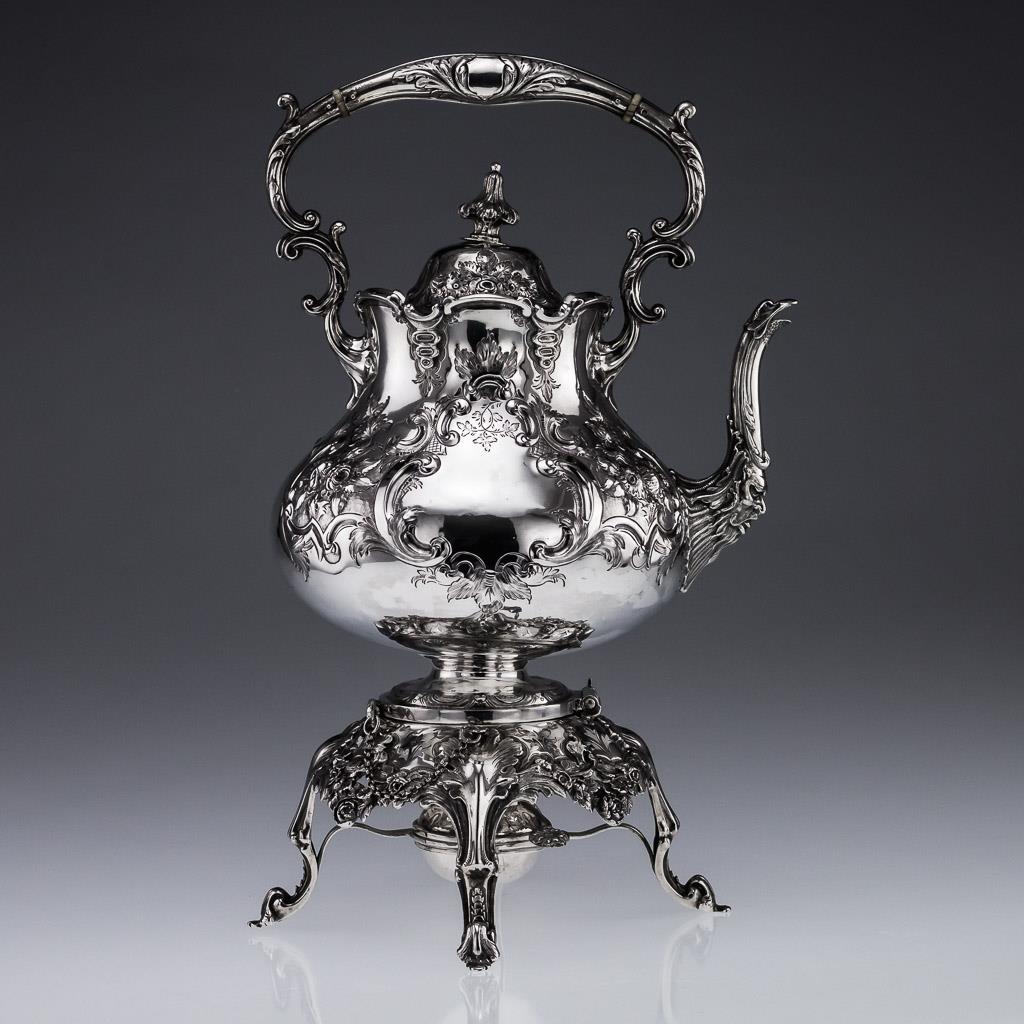 ANTIQUE 19thC VICTORIAN SOLID SILVER LARGE TEA KETTLE STAND & BURNER c