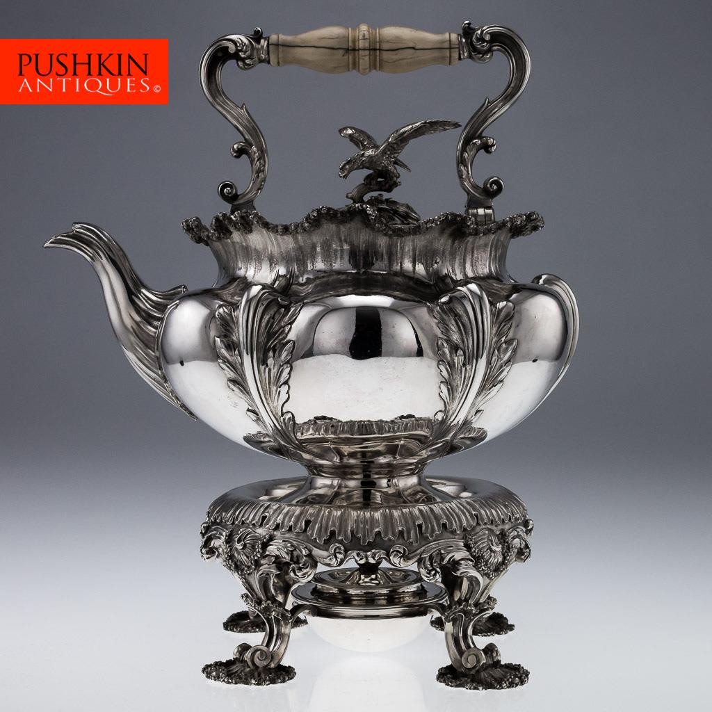 ANTIQUE 19thC REGENCY SOLID SILVER MASSIVE TEA KETTLE STAND & BURNER c