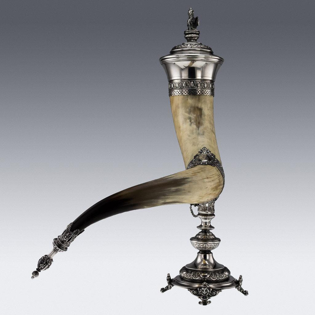 Antique 20thC Continental Silver Mounted Monumental Drinking Horn