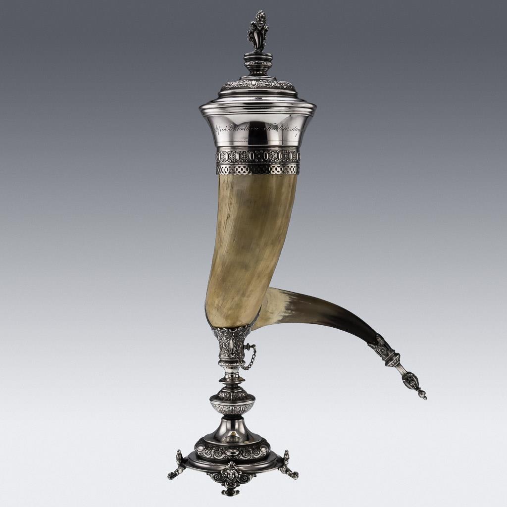 ANTIQUE 20thC CONTINENTAL SILVER MOUNTED MONUMENTAL DRINKING HORN c1900