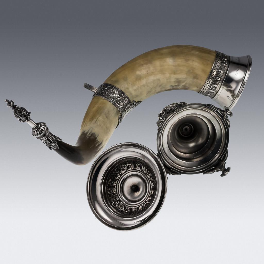 ANTIQUE 20thC CONTINENTAL SILVER MOUNTED MONUMENTAL DRINKING HORN c1900