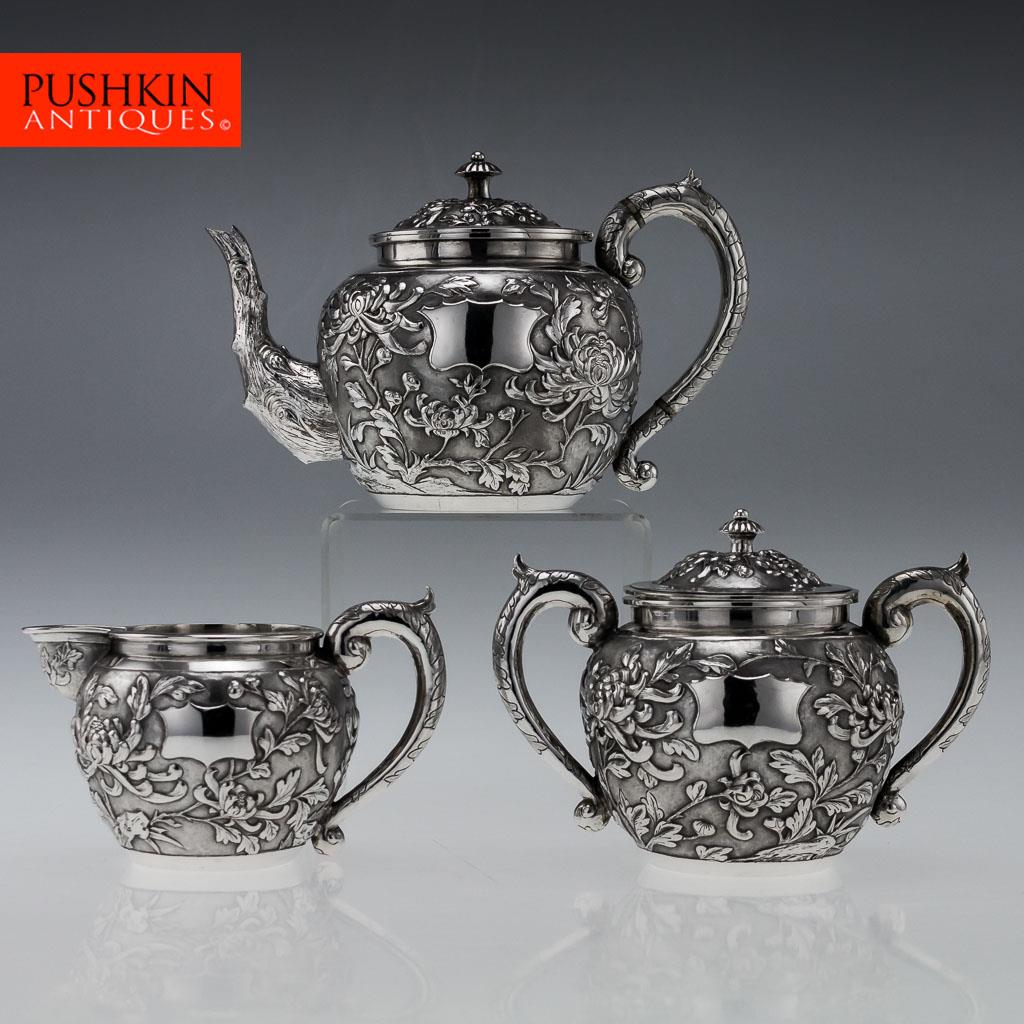 ANTIQUE 19thC CHINESE EXPORT SOLID SILVER 3 PIECE TEA SET ...