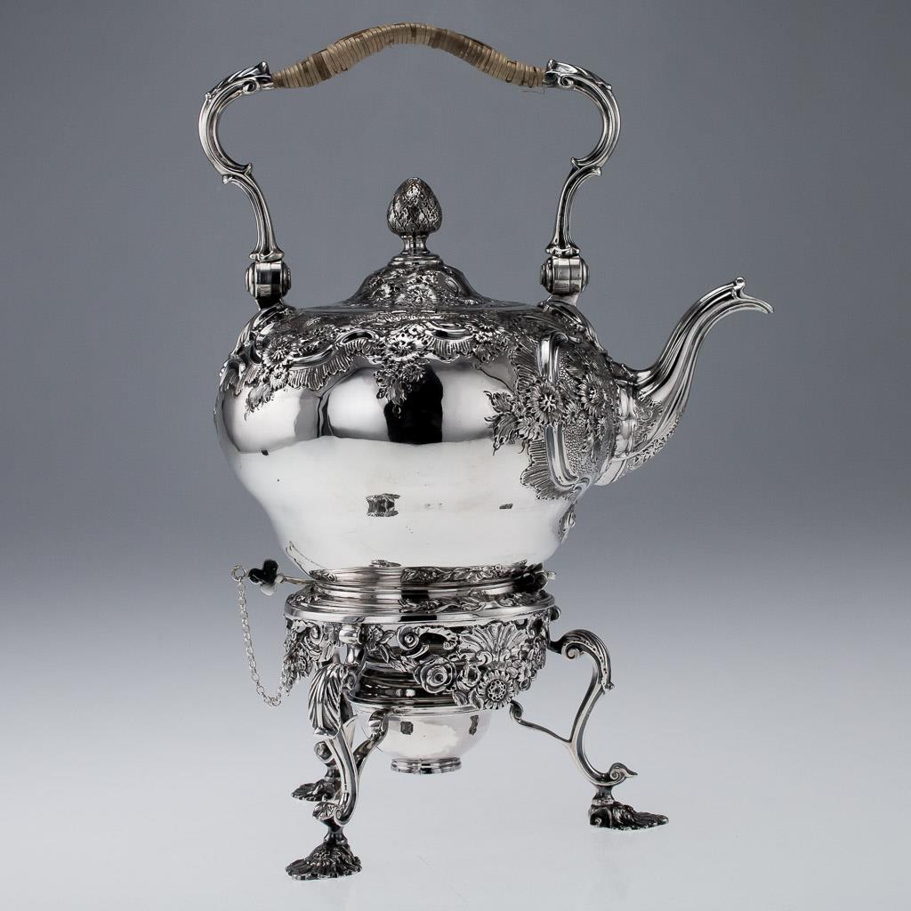 ANTIQUE 18thC SOLID SILVER TEA KETTLE ON STAND, BENJAMIN