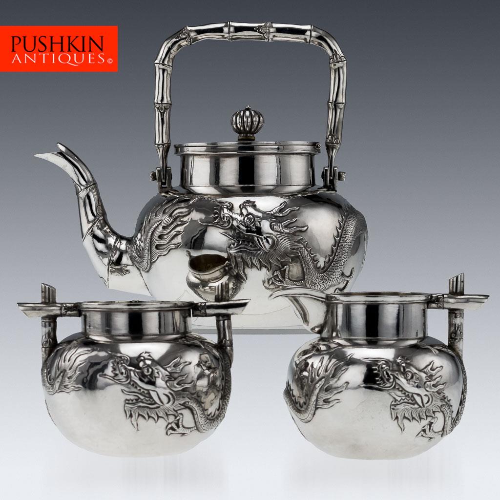 ANTIQUE 19thC CHINESE EXPORT SOLID SILVER 3 PS DRAGON TEA ...