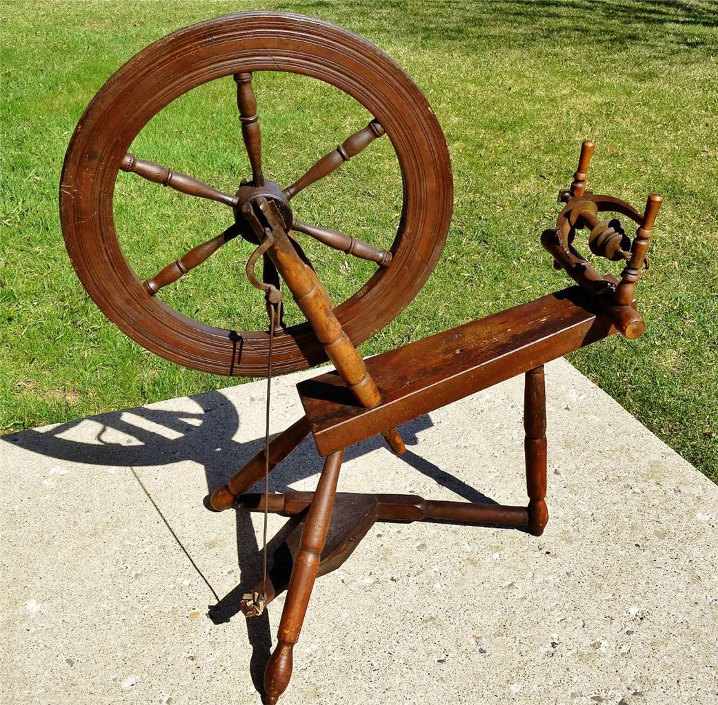 TALL 41" Superb Antique c1860 WOOD SPINNING WHEEL Canadian FREDERIC