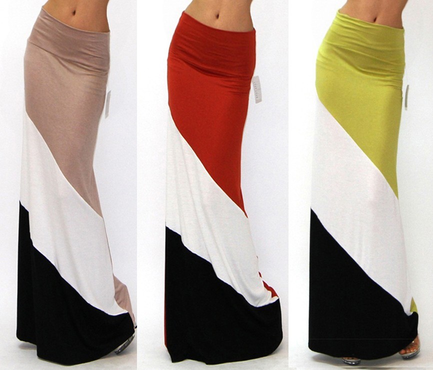 BEIGE COLOR BLOCKED MINIMAL CASUAL FIT JERSEY KNIT FOLD OVER WAIST MAXI SKIRT S