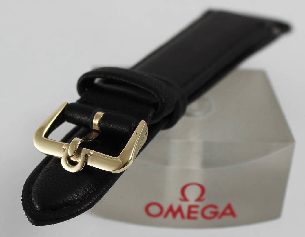 Gents Solid 9ct Gold Omega Watch Buckle With Leather Strap Band 18mm