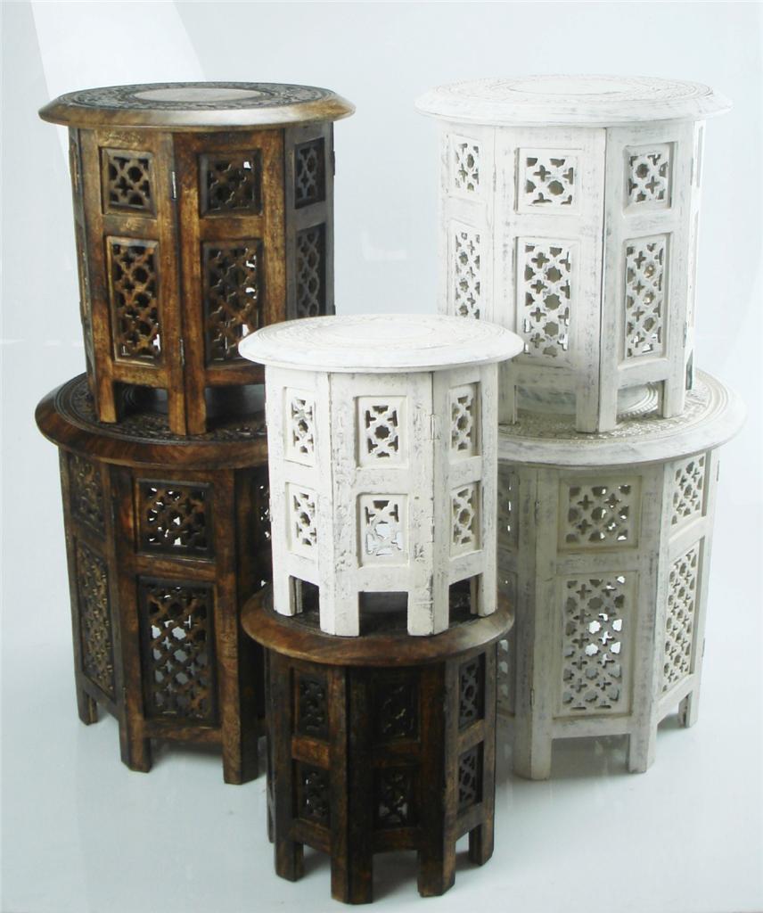 Beautiful Round Brown & White Hand Carved Indian Wooden Coffee Table Side eBay