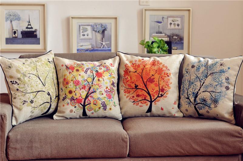 18" Four Seasons Wishing Tree Cotton Linen Throw Pillow Case Cushion