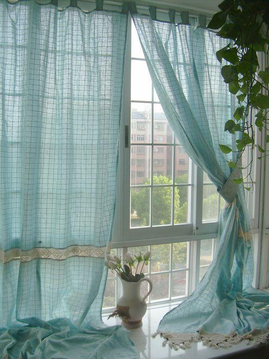 Tab Top Country Blue Plaid Crochet Lace Window Curtain Bedroom