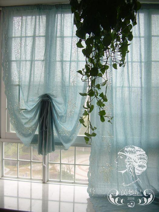 Blue Embroidered Hollow Out Floral Balloon Shade Sheer
