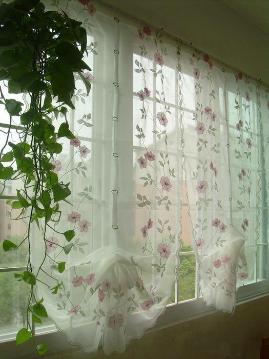 Hand Embroidered Pink Flowers Balloon Shade Sheer Voile