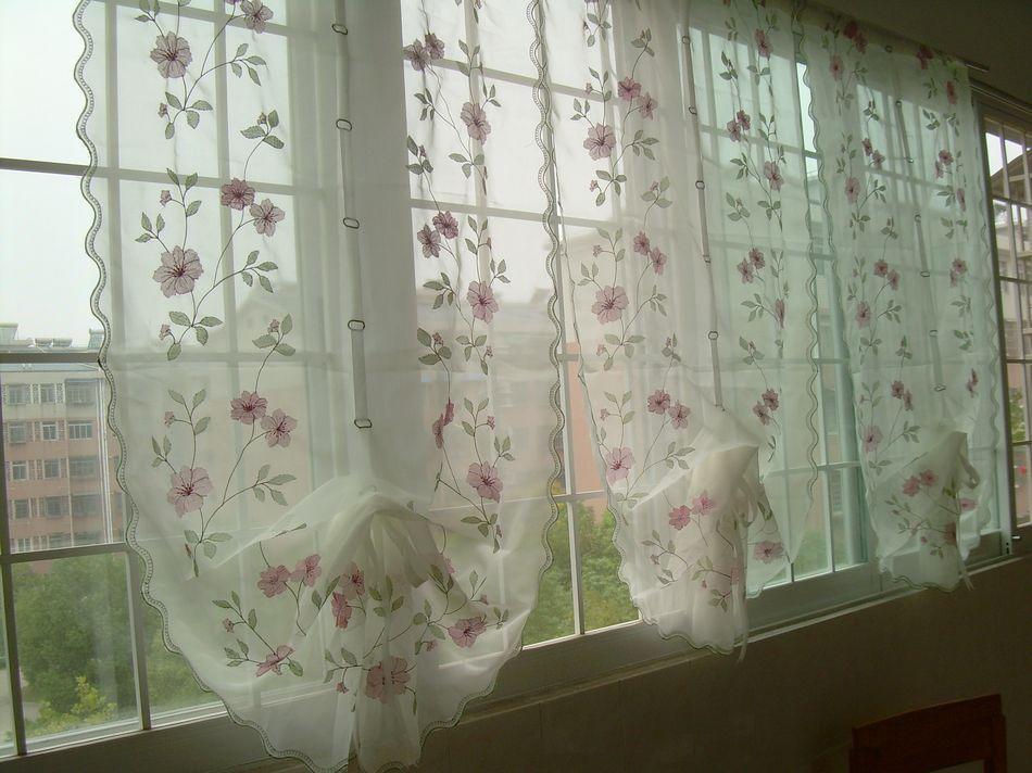 Hand Embroidered Pink Flowers Balloon Shade Sheer Voile