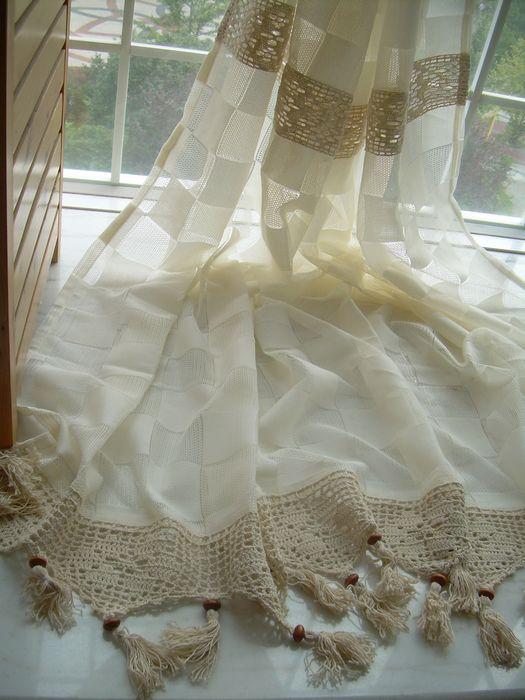 Tab Top French Country Style Plaid Cotton Linen Crochet