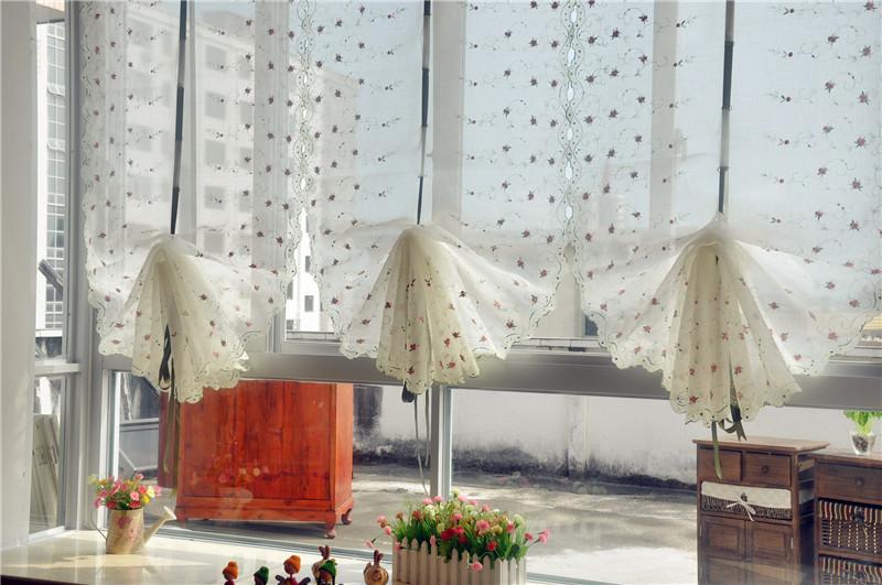 Embroidered Pink Flowers Balloon Shade Sheer Voile Cafe Kitchen Curtain