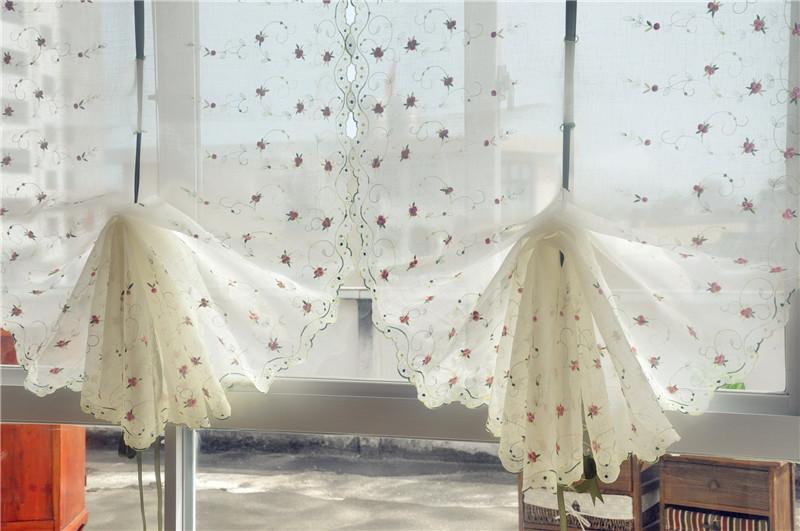 Embroidered Pink Flowers Balloon Shade Sheer Voile Cafe