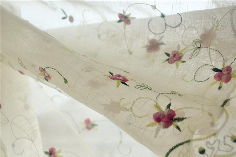 Embroidered Pink Flowers Balloon Shade Sheer Voile Cafe