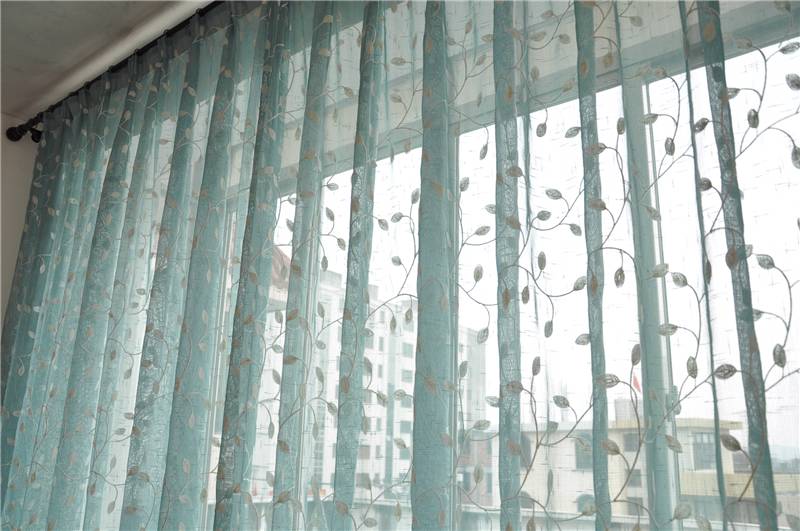 French Country Embroidered Leaf Floral Blue Sheer Curtain