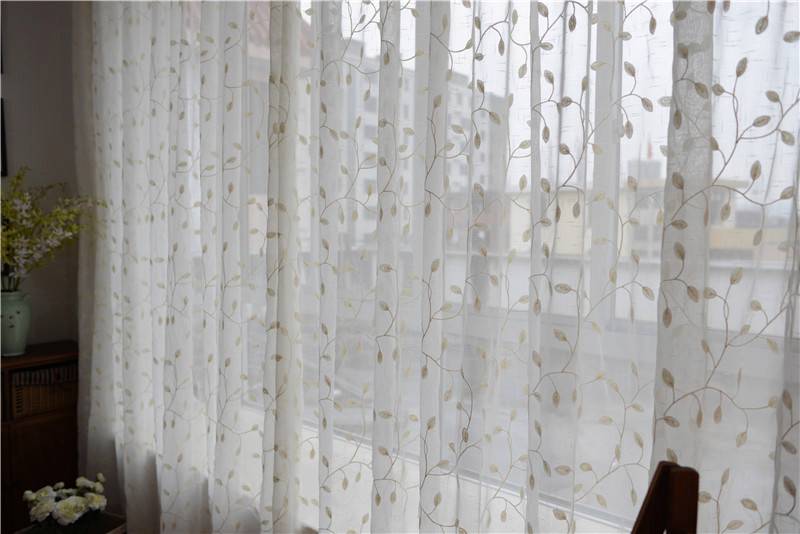 French Country Embroidered Leaves White Sheer Curtain