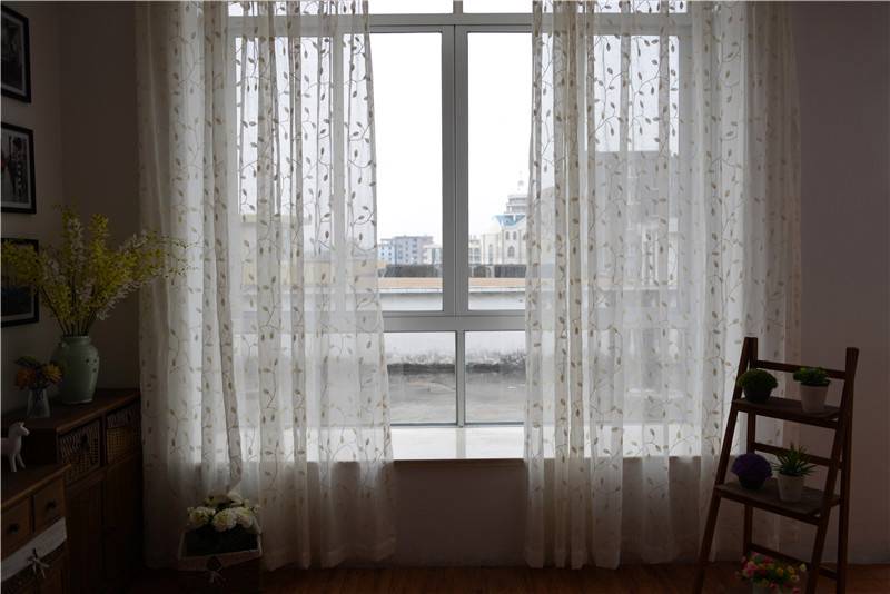 French Country Embroidered Leaves White Sheer Curtain
