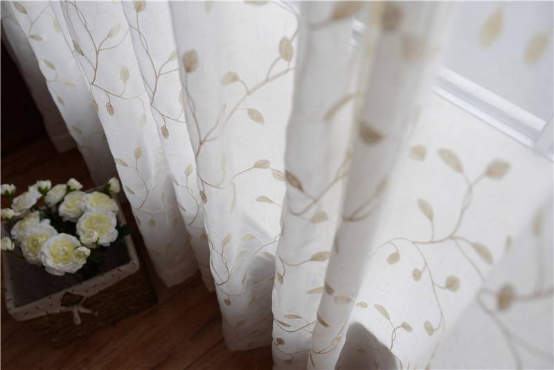 French Country Embroidered Leaves White Sheer Curtain