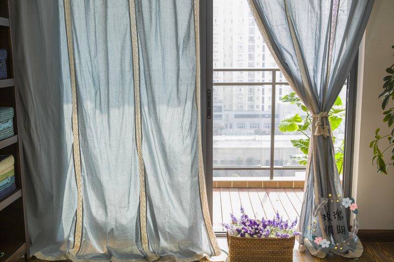 French Country Blue Cotton Linen Crochet Lace Curtain Living room