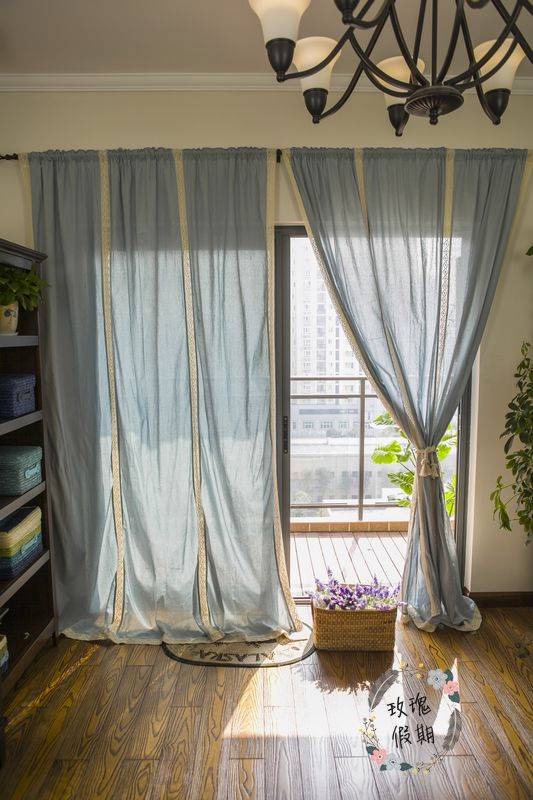 French Country Blue Cotton Linen Crochet Lace Curtain