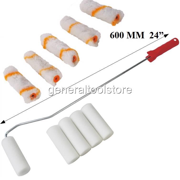 24" LONG HANDLED MINI PAINT ROLLER KIT SET GLOSS EGGSHELL TRAY EMULSION