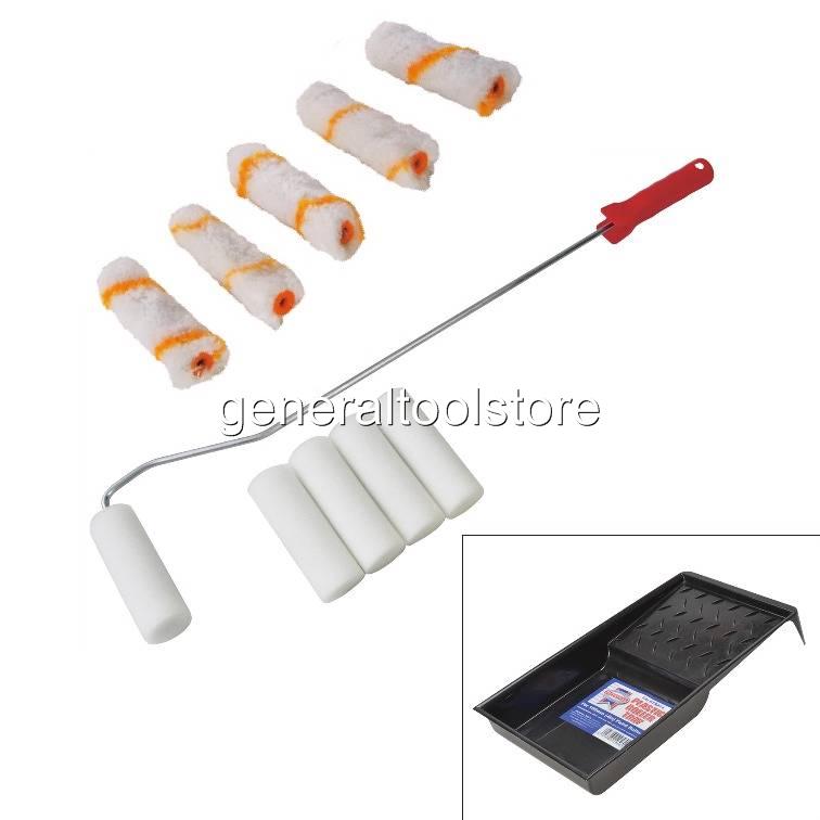 24" LONG HANDLED MINI PAINT ROLLER KIT SET GLOSS EGGSHELL TRAY EMULSION