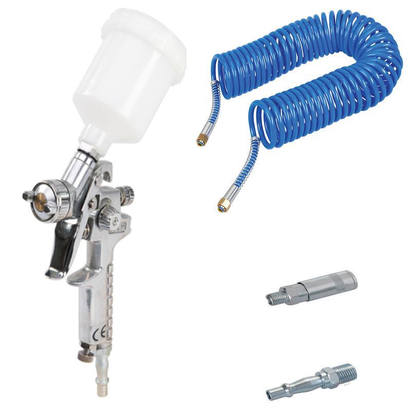 HVLP GRAVITY FEED SPRAY GUN + COIL HOSE + PCL STYLE AIR COMP FITTINGS