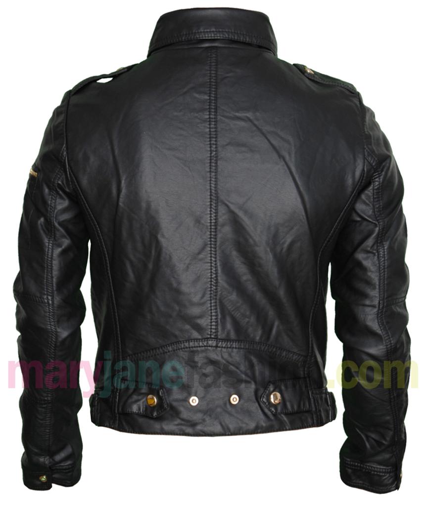 New Womens Black Biker Diamond Quilted Faux Leather PU Gold Zip Up