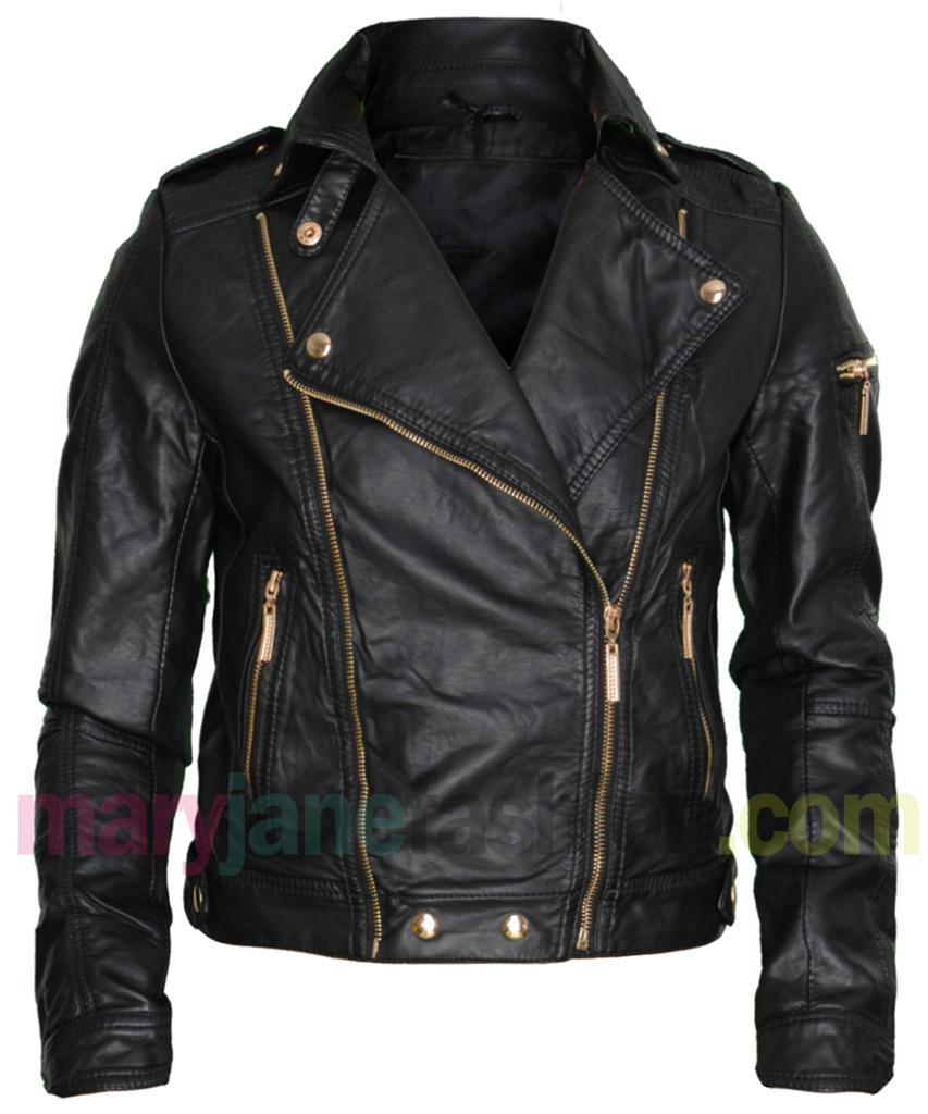 New Womens Black Biker Diamond Quilted Faux Leather PU Gold Zip Up