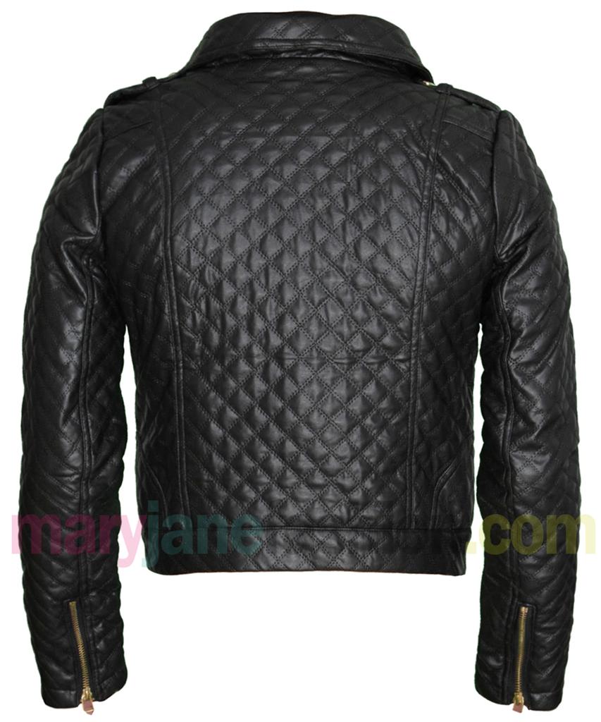 New Womens Black Biker Diamond Quilted Faux Leather PU Gold Zip Up