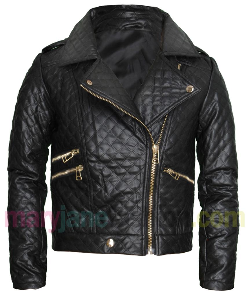 New Womens Black Biker Diamond Quilted Faux Leather PU Gold Zip Up