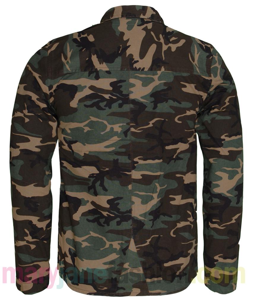 Mens Khaki Camo Army Print Button Up Multi Pocket Shirt Jacket Coat S M