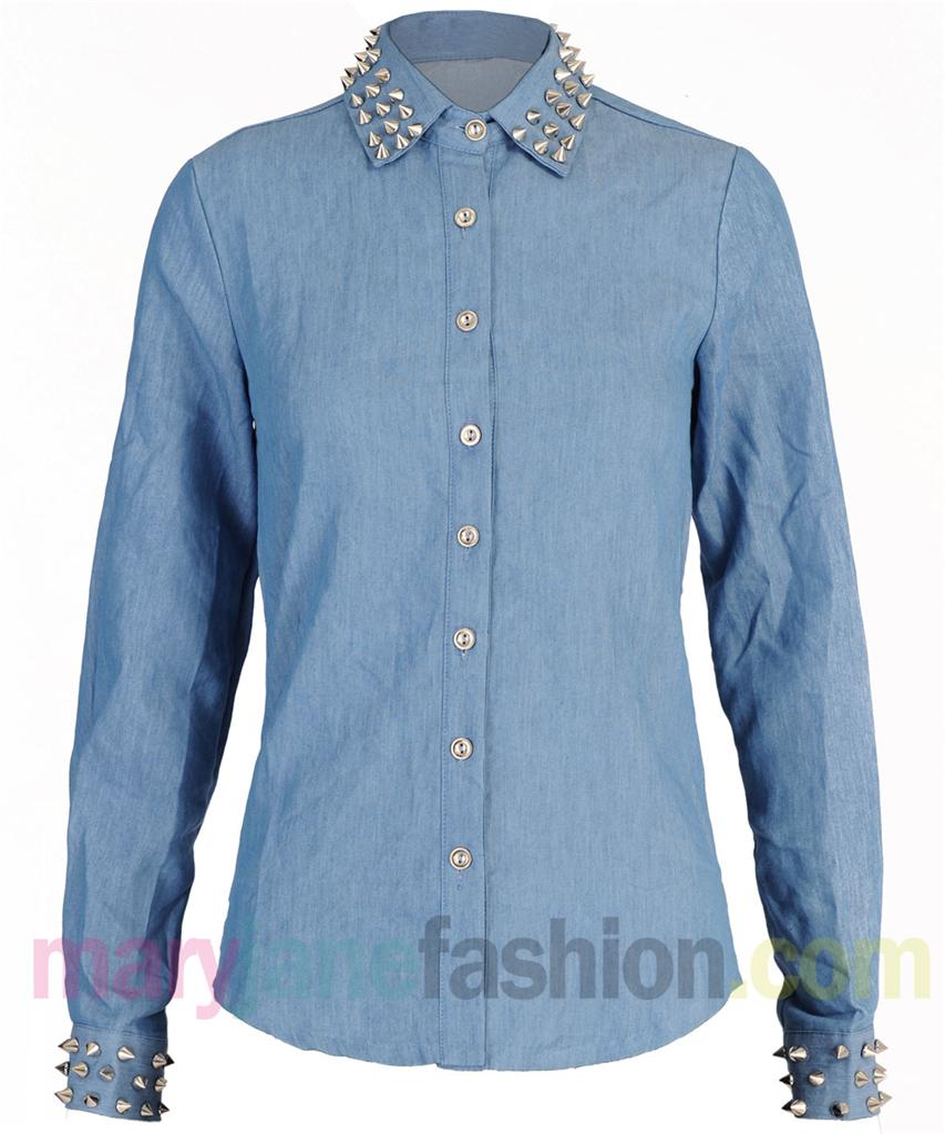 New Ladies Spiked Silver Collar Light Blue Denim Wash Button Up Shirt 8