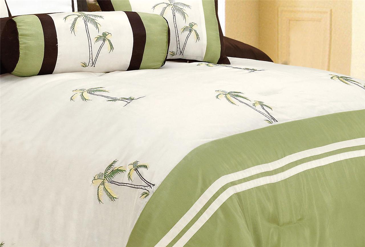 7PC Green Palm Tree Catalina Island Tropical Embroidery Comforter Set