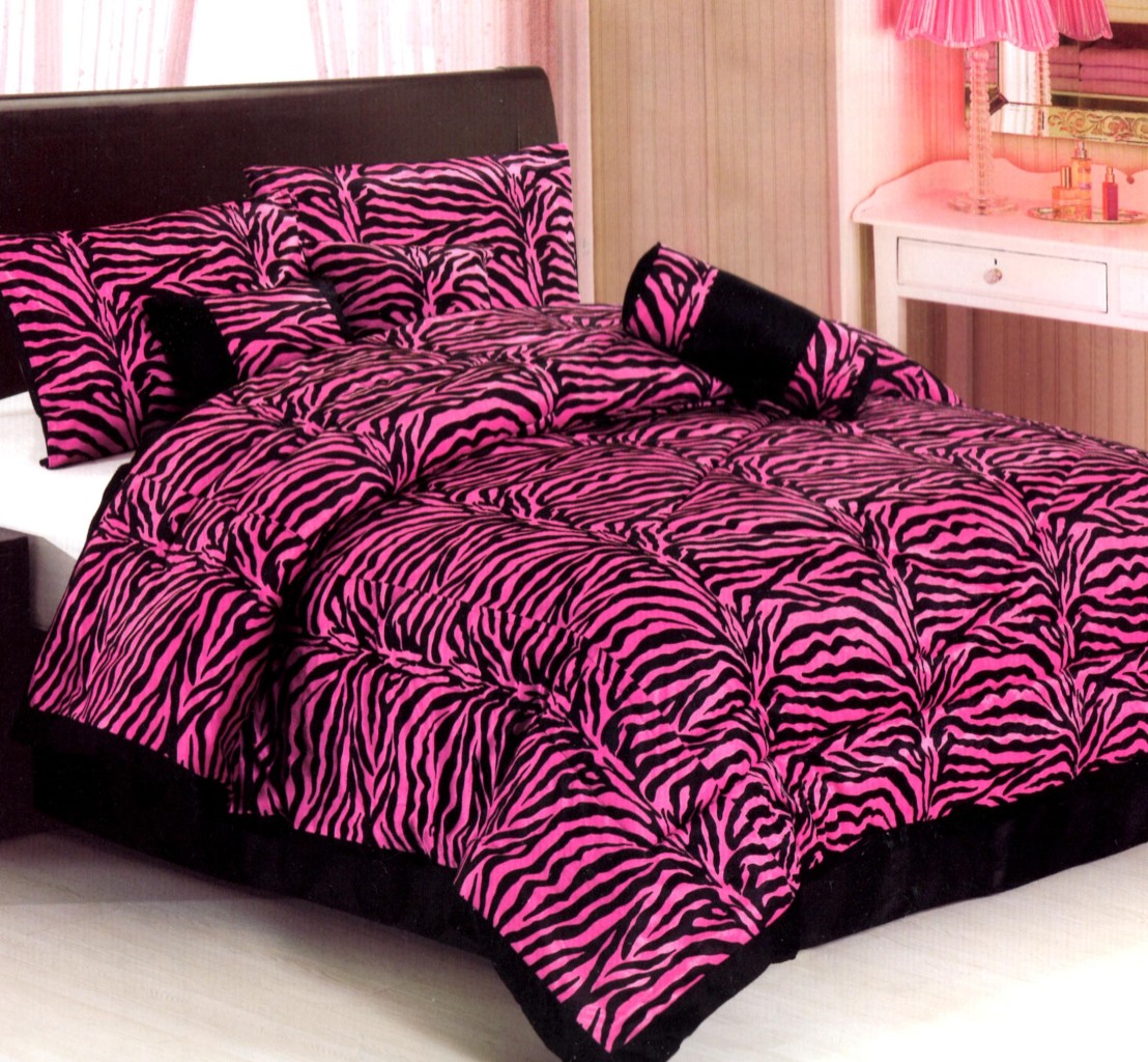 15PC Animal Print Wild Zebra Pink Comforter Curtain set QUEEN Size Bed