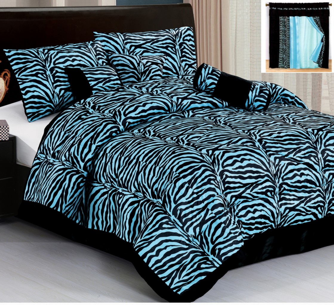Blue *Zebra Animal Print KIng Comforter Set Bed in a Bag with Blue Curtain eBay