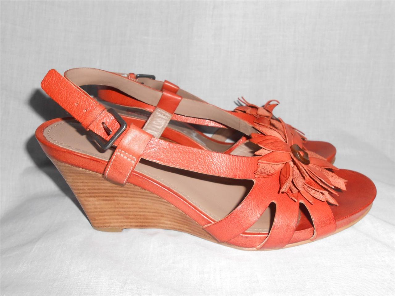 Womens ECCO Orange Leather Wedge Sandals Heels Shoes Size EU 39 8.5 EUC