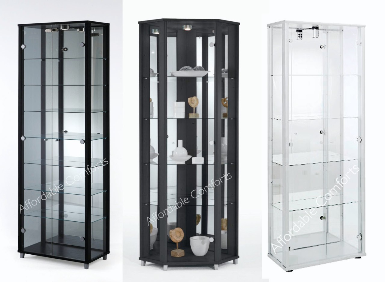 Single, Double &amp; Corner Black or White Glass Display Cabinet | eBay