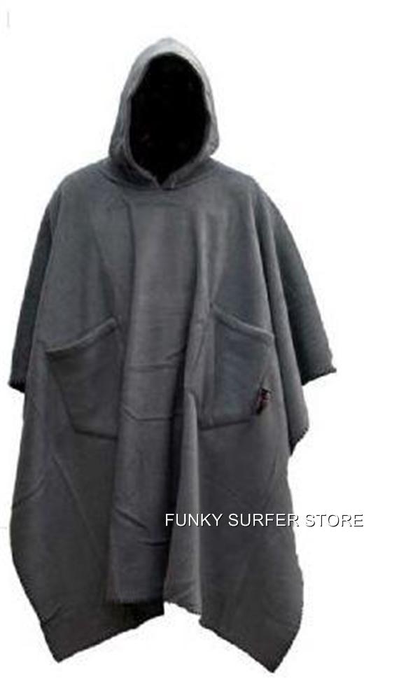 MENS WOMENS MEDIUM GREY FLEECE PONCHO CAPE JACKET FESTIVAL SURF