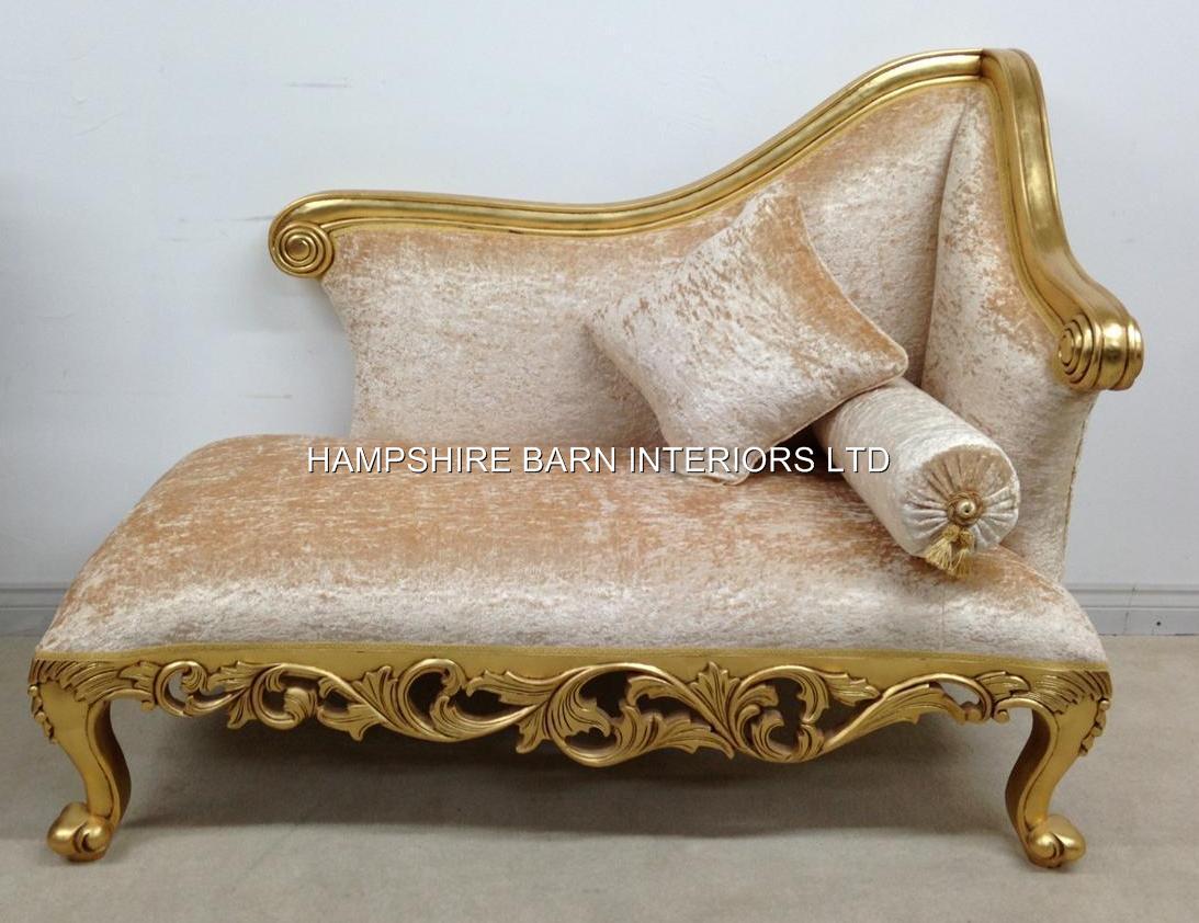 Small Chaise Longue Ornate Gold Leaf Cream Crushed Velvet ...