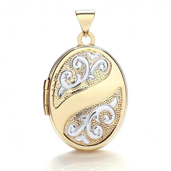 ... White  Yellow Gold Pretty Scroll Embossed 2 Photo Oval Shaped Locket