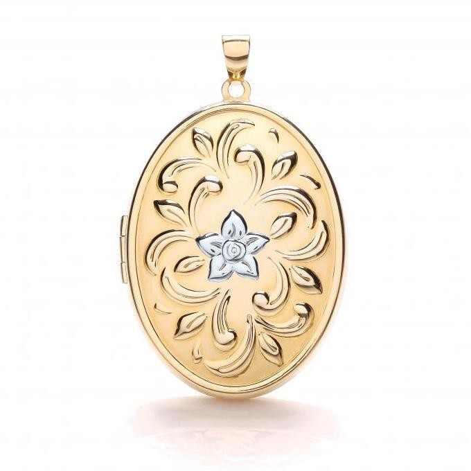 ... White  Yellow Gold Pretty Floral Embossed 2 Photo Oval Shaped Locket