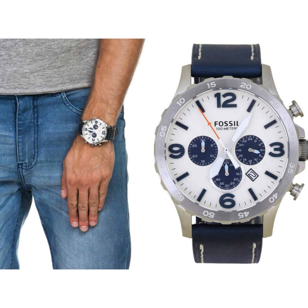 new fossil jr1480 nate chronograph beige navy blue leather s ebay new fossil jr1480 nate chronograph beige navy blue leather s ebay