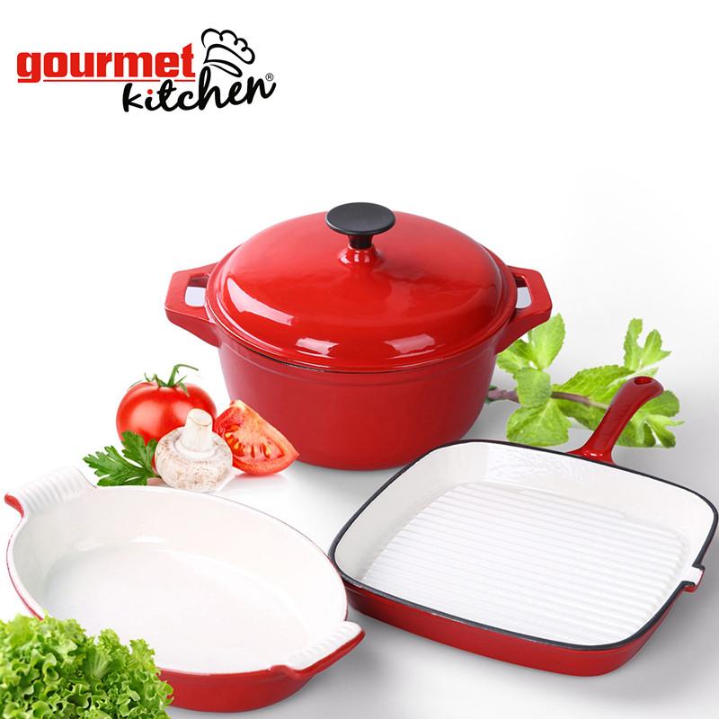3 Piece Cast Iron Cookware Durable Set(Grill Pan/Oval Gratin Dish