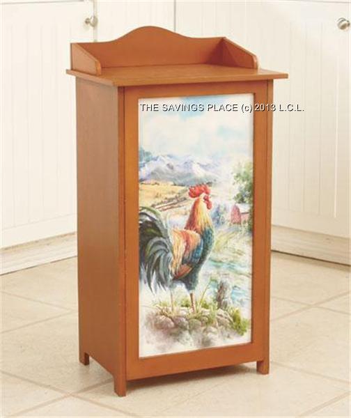 CHARMING WOODEN TRASH GARBAGE BIN W HINGED LID ROOSTER