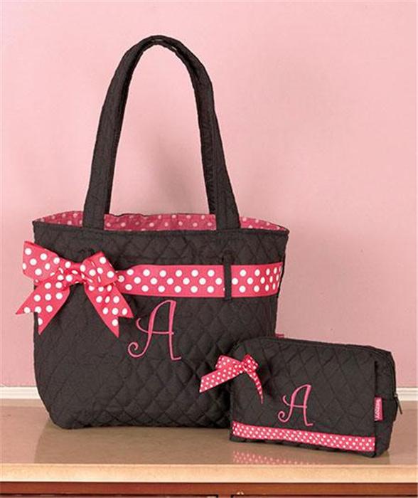 ... MONOGRAM INITIAL BLACK PINK TOTE COSMETICS TOILETRY BAG SET-9 INITIALS